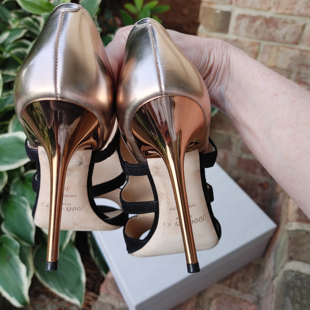 Jimmy Choo Tarine WITH BOX Suede Cutout Bootie Sandal, Black/Mirrored Nude 38.5 - Picture 3 of 16